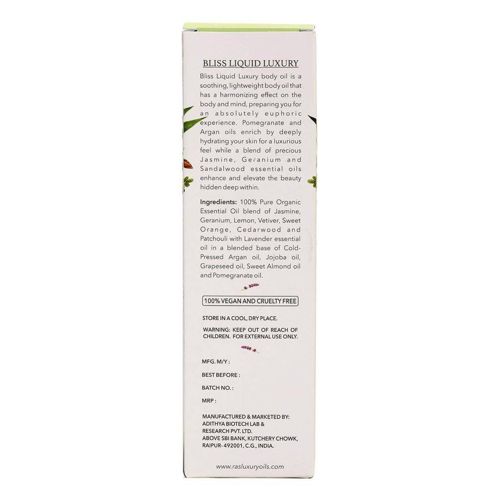 Prunus Dulcis (Sweet Almond) Oil, Vitis Vinifera (Grapeseed) Oil, Simmondsia Chinensis (Jojoba) Seed Oil, Punica Granatum (Pomegranate) Seed Oil, Argania Spinosa(Argan) Oil, Lavandula Angustifolia (Lavender) Flower Oil, , Pogostemon Cablin (Patchouli) Oil,Cedrus Atlantica(Cedarwood) Oil, Pelargonium Graveolens(Geranium) Flower Oil, Vetiveria Zizanoides(Vetiver) Oil, Jasminum Sambac (Jasmine Absolute) Oil, Citrus Aurantium Dulcis (Orange) Peel Oil.